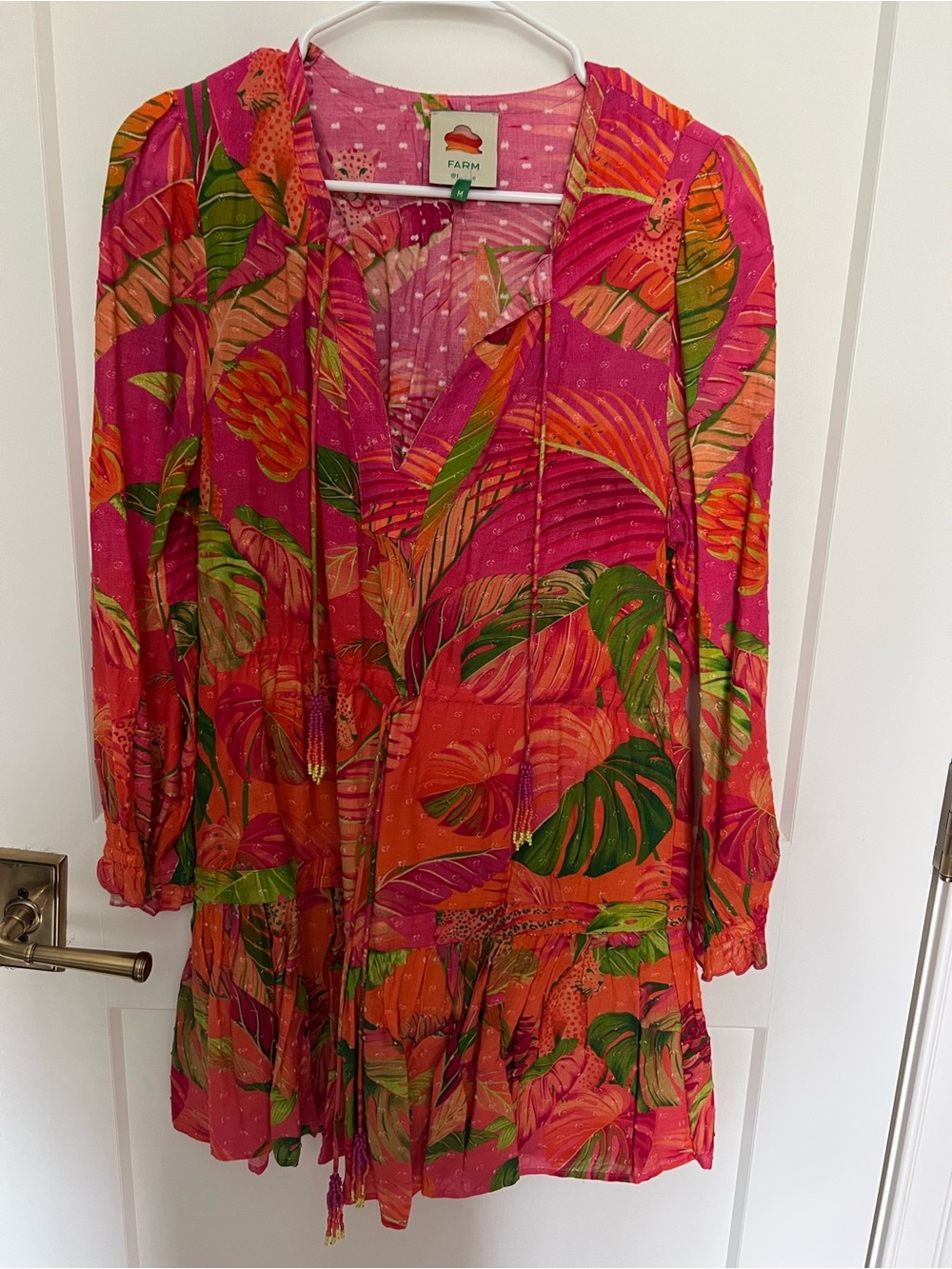 FARM Rio Pink Tropical Leaf Dress with Green Accents